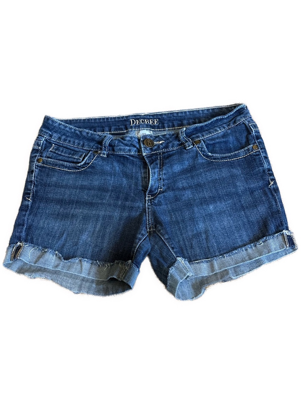 Decree Low Rise Blue Rolled Frayed Hem Denim Shorts